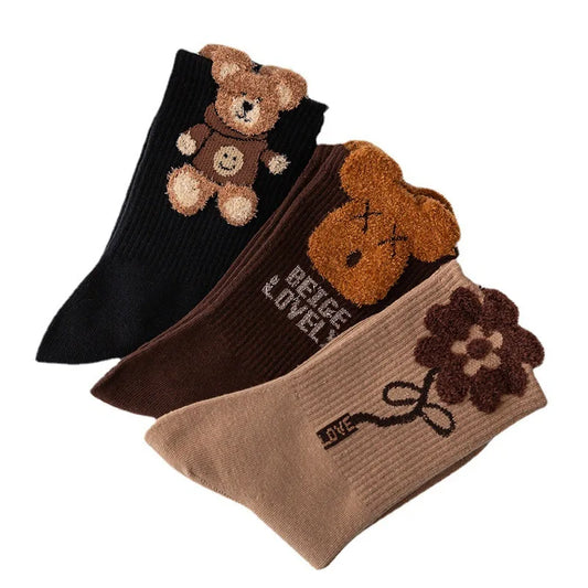 3 Pairs Brown Bear/Flower Middle Tube Socks