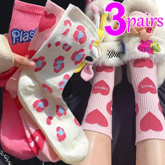 Trending Pink Heart/Cheetah print Soft Cotton Breathable Crew Socks