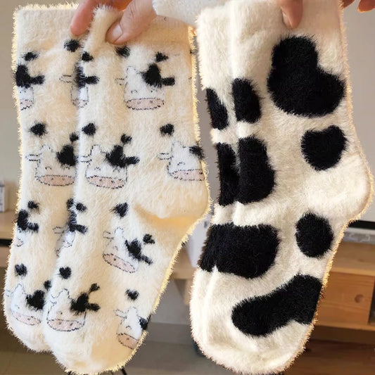 1 or 2Pairs Cow Pattern Soft Fuzzy Thick Crew Socks