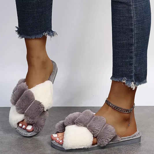 Furry faux Crossed Indoor House Slippers
