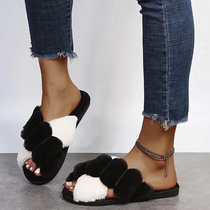 Furry faux Crossed Indoor House Slippers