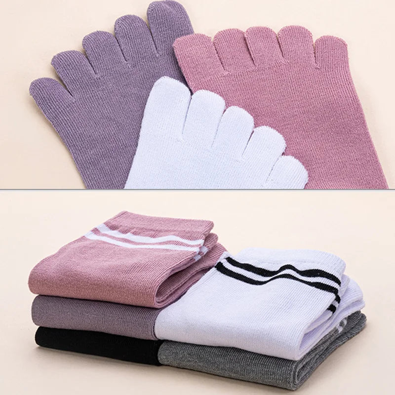 Women/Girls Cotton Striped Solid Sweat-Absorbing Breathable Soft Elastic 5 Toe Socks