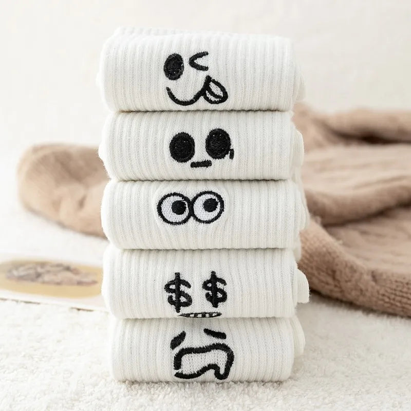 5 Pairs of White Cute Funny Cartoon Face Socks