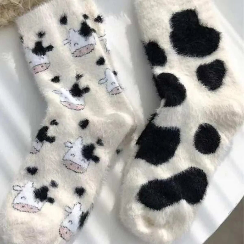 1 or 2Pairs Cow Pattern Soft Fuzzy Thick Crew Socks