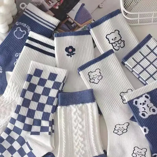 Blue High-top Striped Checkered Bear Flower Socks