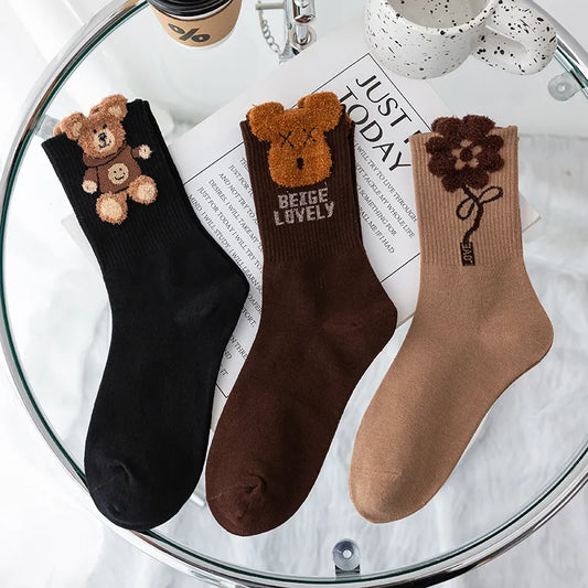 3 Pairs Brown Bear/Flower Middle Tube Socks