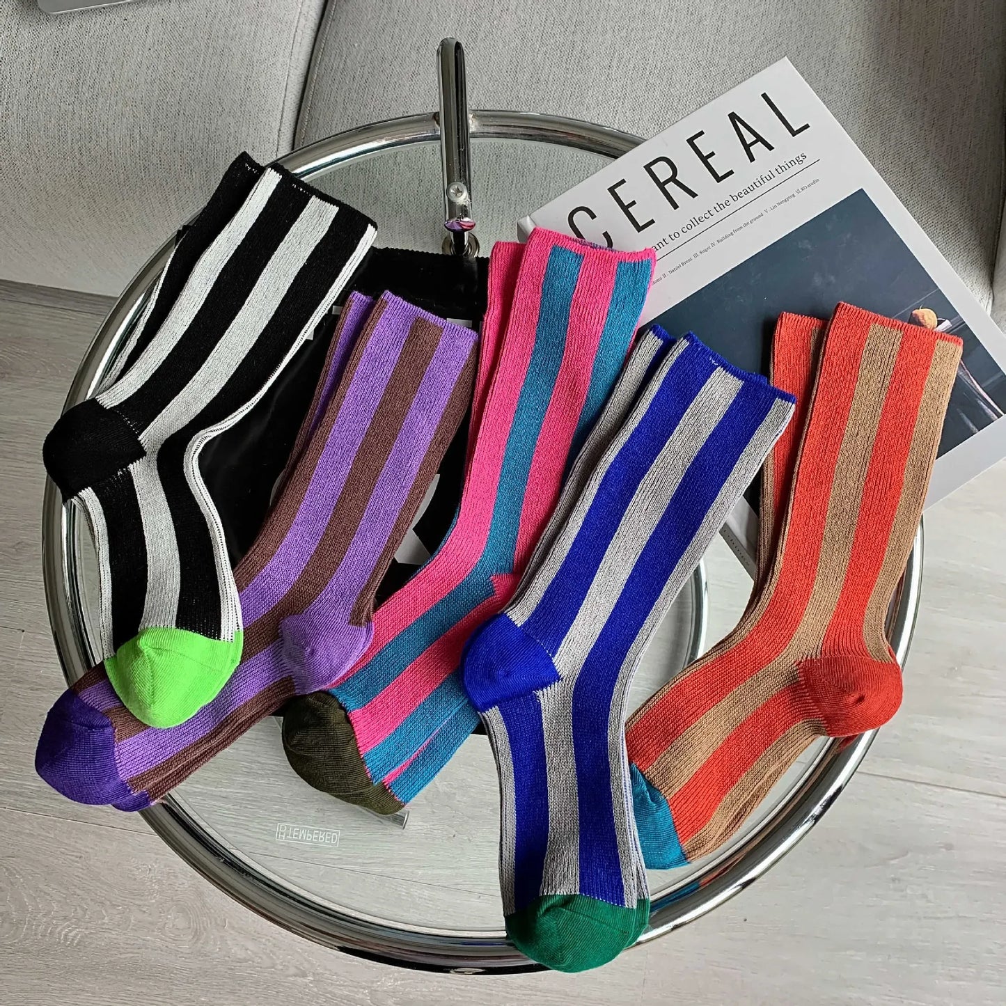 Color Matching Stripes Tube Double Needle Double Way Design Socks